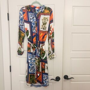 Classy Tropical Stamp Midi Belted Shirt Dress by Ecru Size Large NWOT